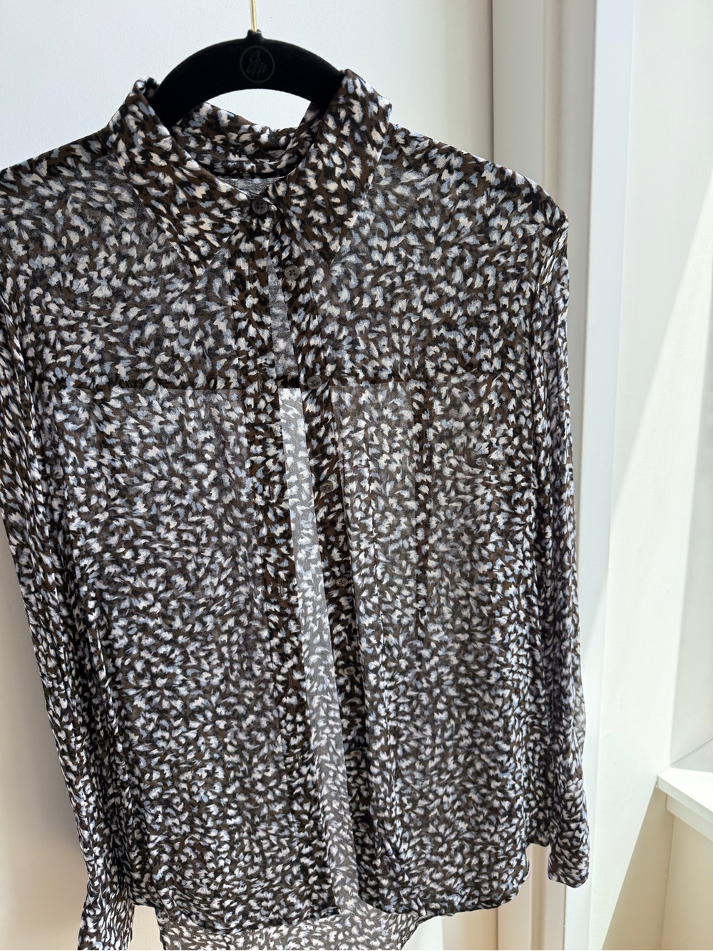 Club Monaco Brown and Blue Print Sheer Blouse size XS
